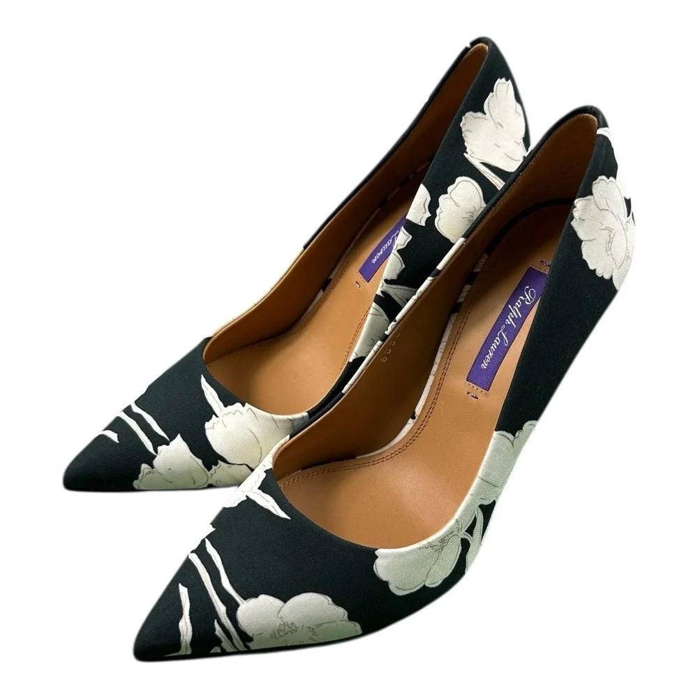 Ralph Lauren Purple Label Floral Canvas Pump Heel Black White 38B NEW 683001